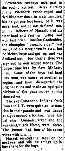 1897 Cowboy Reunion in Seymour, Texas, Contest Results