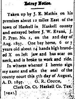 1897 Estray Notice, Haskell Free Press, Haskell County, Texas