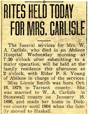 Linnie Smith Carlisle, Haskell County, Texas