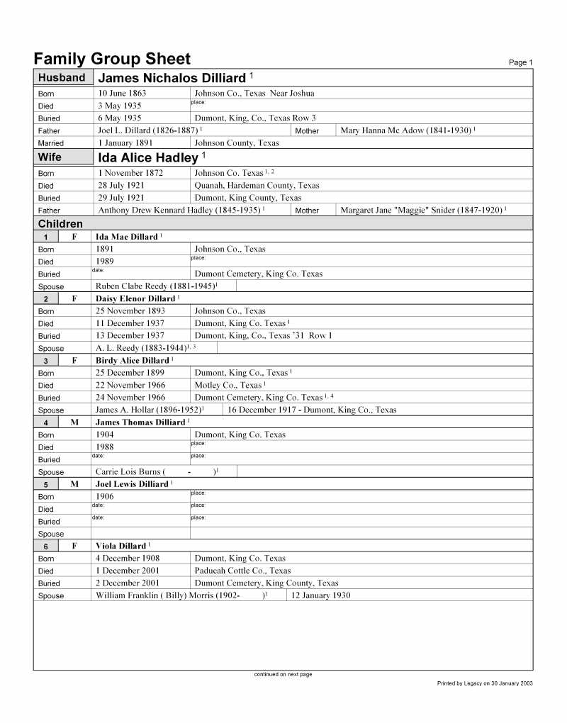 J. N. Dilliard Family Group Sheet #1