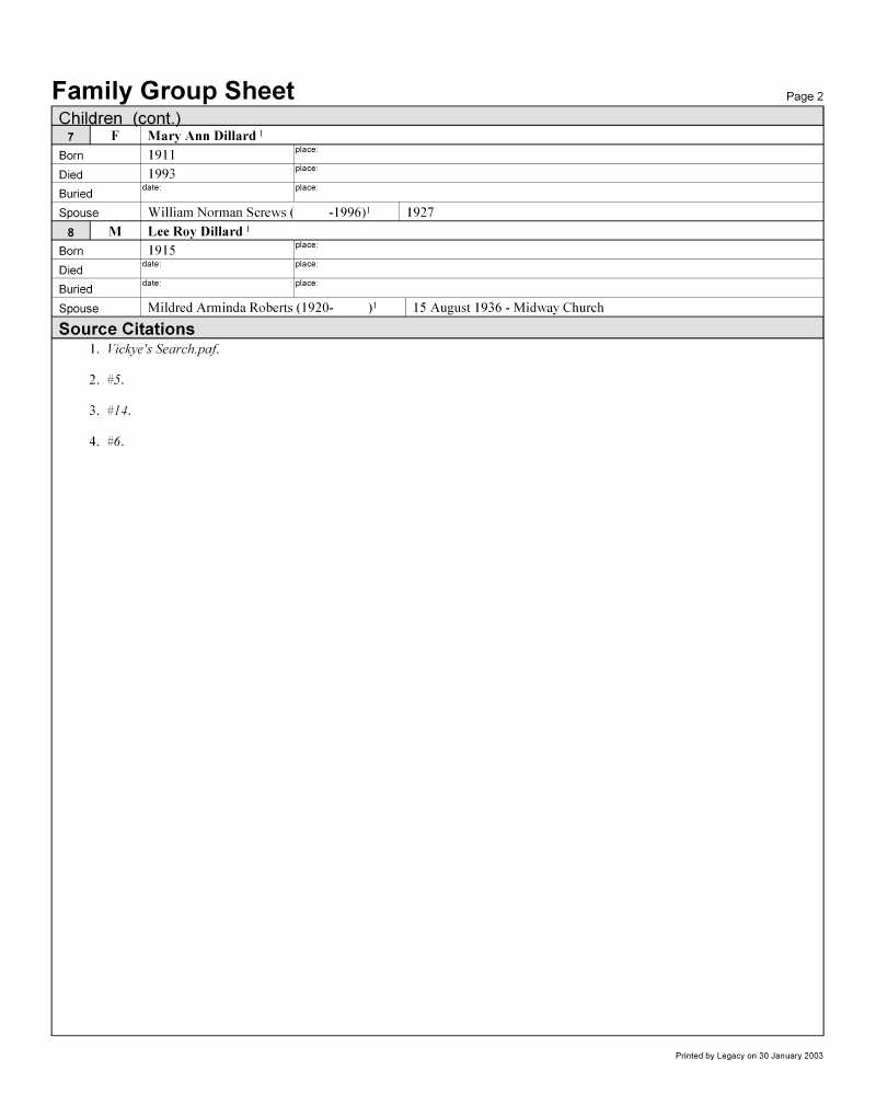 J. N. Dilliard Family Group Sheet #2