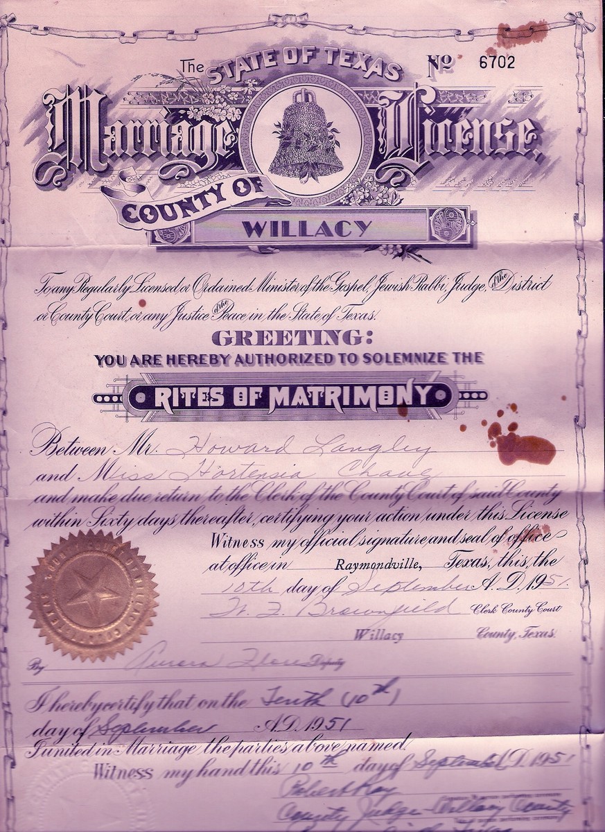 Marriage license of Howard Langley and Hortensia Chavez, Willacy County, Texas